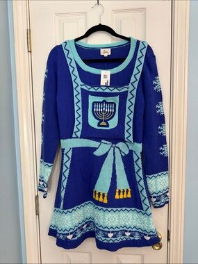 Almost Famous Blue and Light Blue Holiday Menorah Sweater Dress